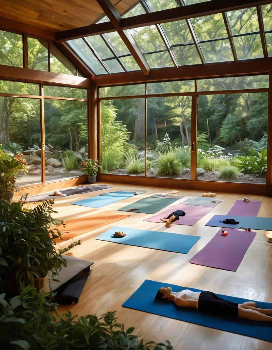 A serene scene depicting a cancer care center surrounded by nature, showcasing a diverse group of patients and healthcare providers engaging in holistic therapies like yoga, meditation, and nutritional workshops. The setting includes comforting elements like soft lighting and plants, symbolizing wellness and education. A warm atmosphere radiates compassion and hope. super-realistic. vibrant colors. peaceful ambiance.