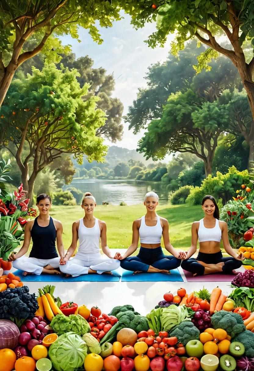 A serene landscape depicting a diverse group of people engaged in healthy lifestyle activities like yoga, cycling, and preparing nutritious meals, surrounded by vibrant greenery and colorful fruits and vegetables. Include subtle symbols of cancer awareness such as ribbons integrated within the scenery. Emphasize a harmonious balance between nature and healthy living. super-realistic. vibrant colors. white background.