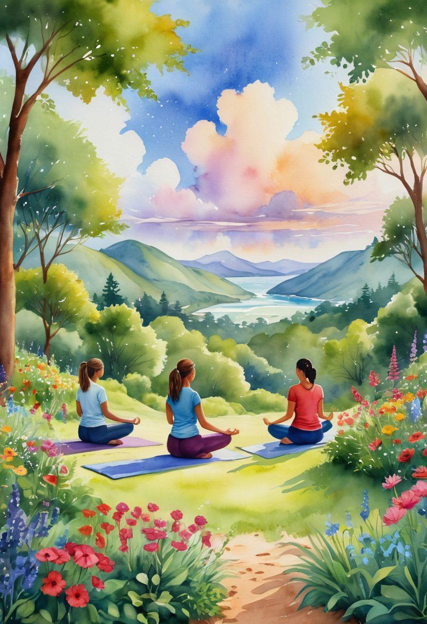 A serene landscape depicting a diverse group of people engaged in various wellness activities, such as yoga, gardening, and cooking healthy meals, with a backdrop of lush greenery and blooming flowers. Include symbols of hope and support such as ribbons and hands coming together. The sky should be bright and uplifting, conveying a sense of community and empowerment. watercolor painting. vibrant colors. peaceful atmosphere.